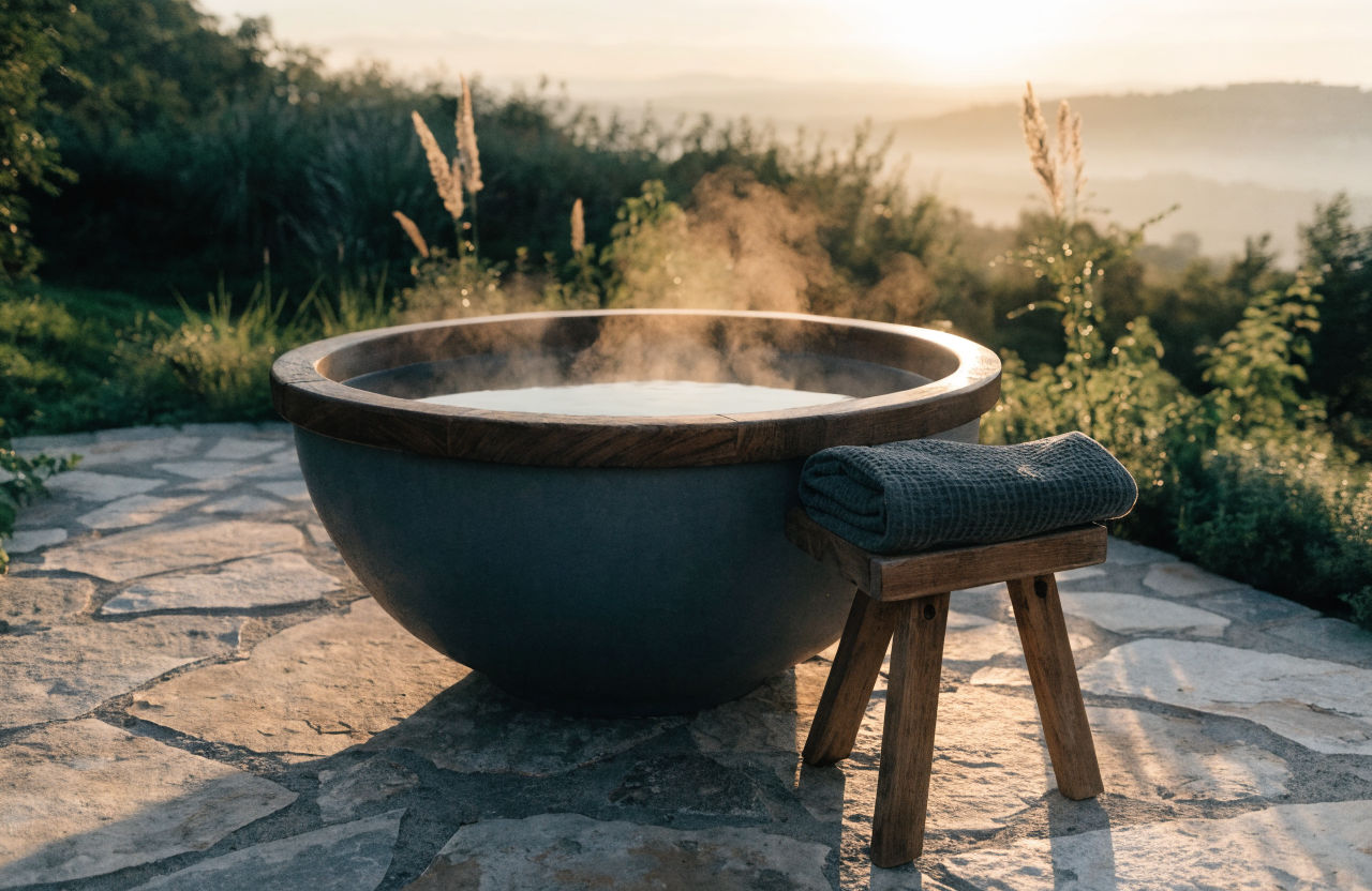 Cedar cold plunge on stone patio at sunrise