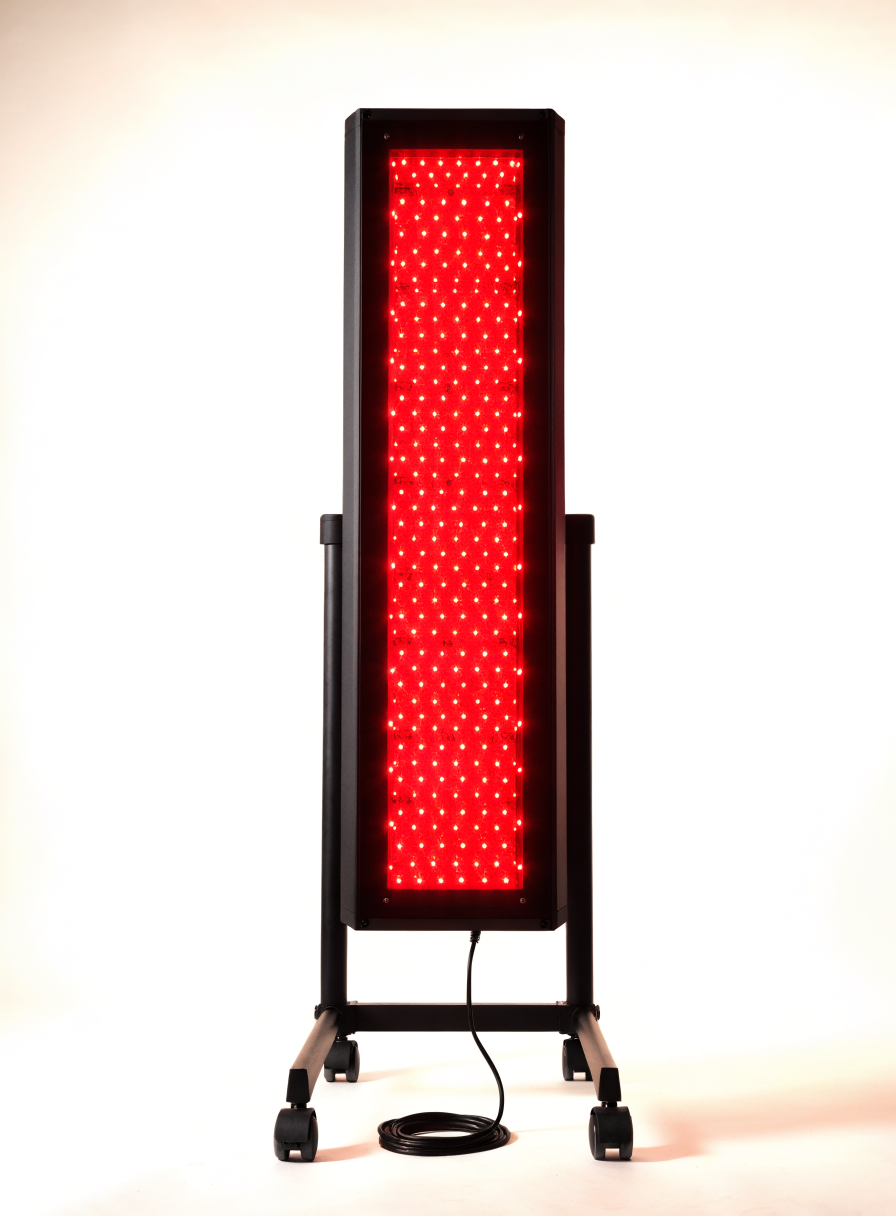 Pro 1500 full-body red light therapy panel on rolling stand