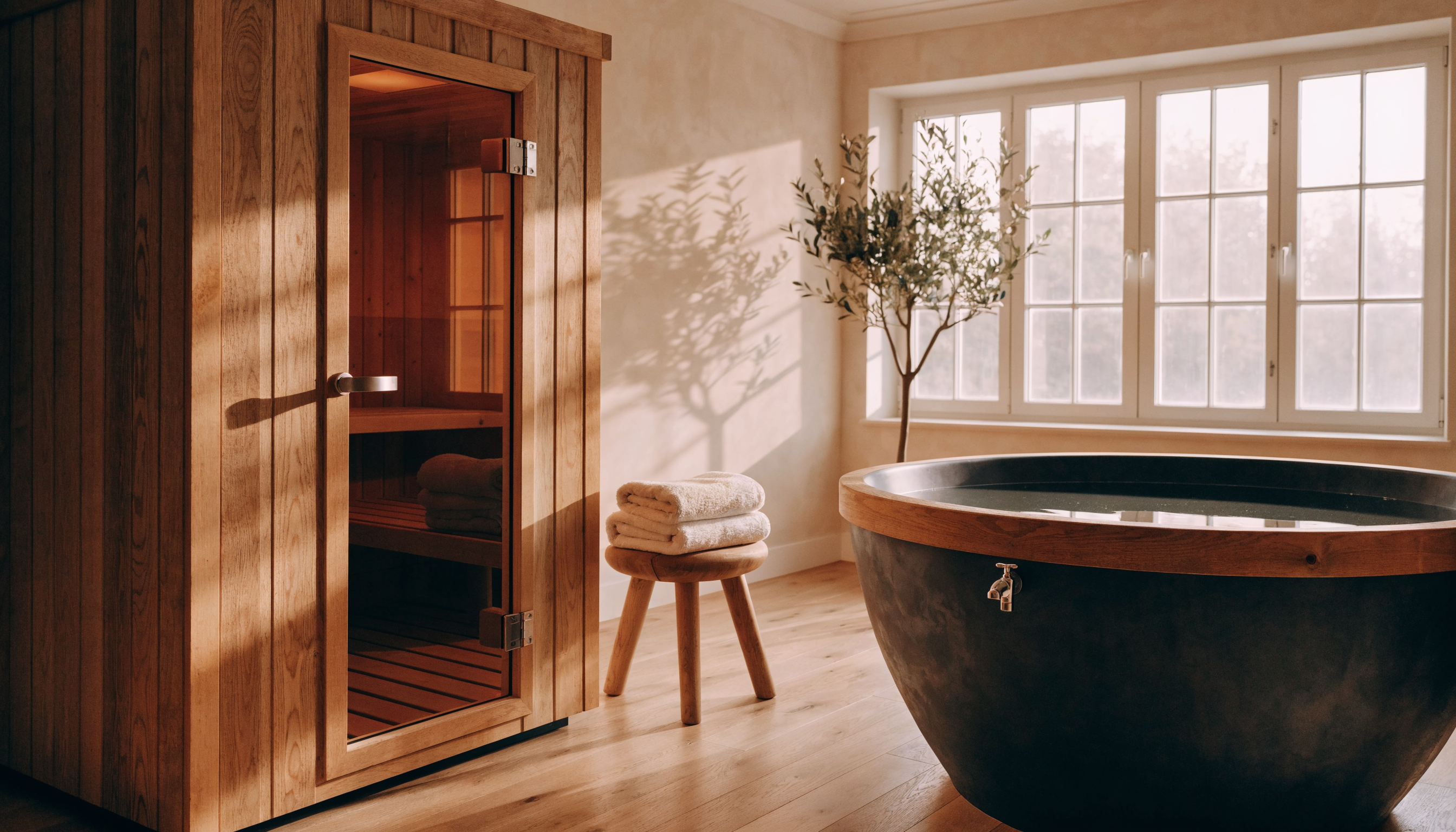 Home wellness room with sauna and cold plunge — homepage hero