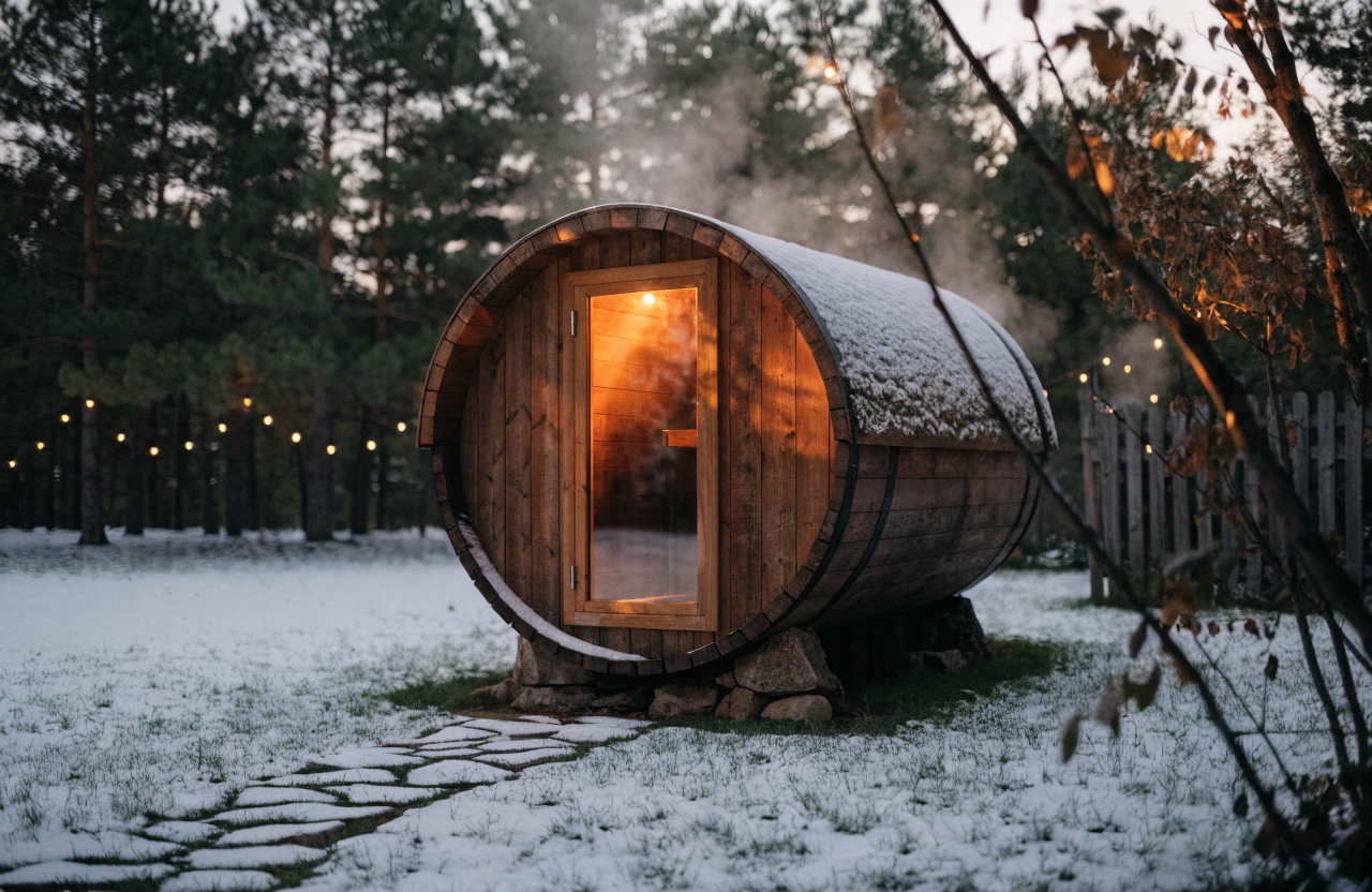 Timberline barrel sauna glowing at dusk in a snowy backyard