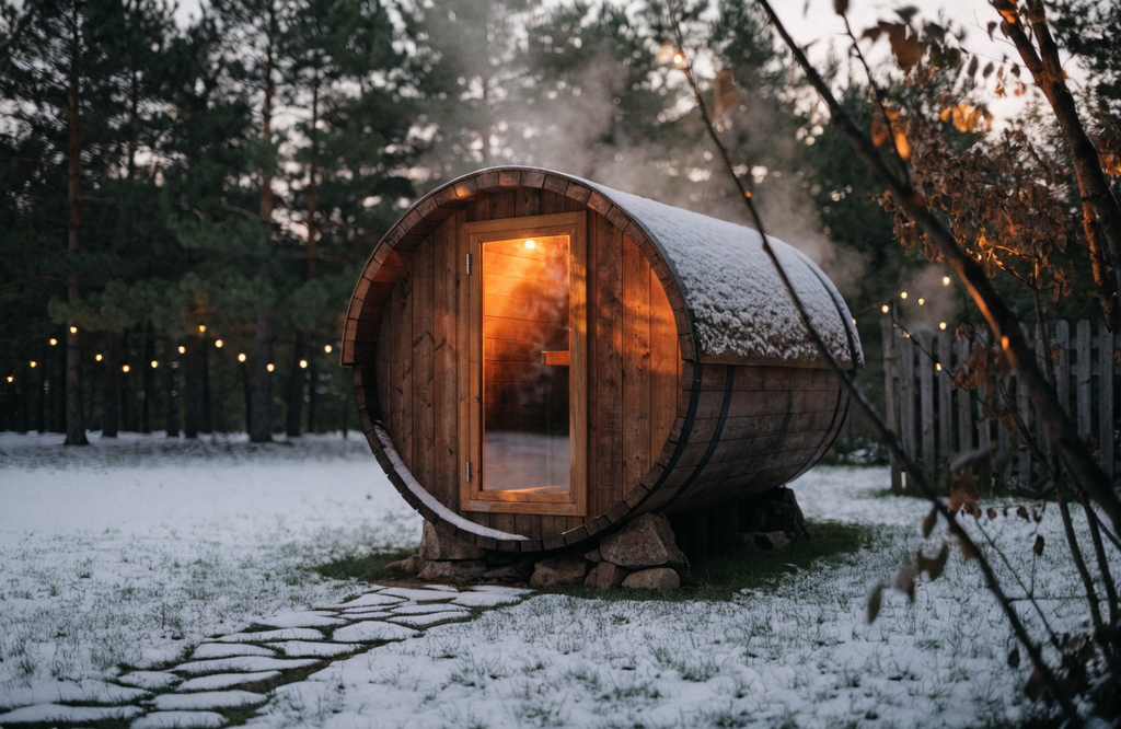 Harmony 2-person cedar barrel sauna at dusk