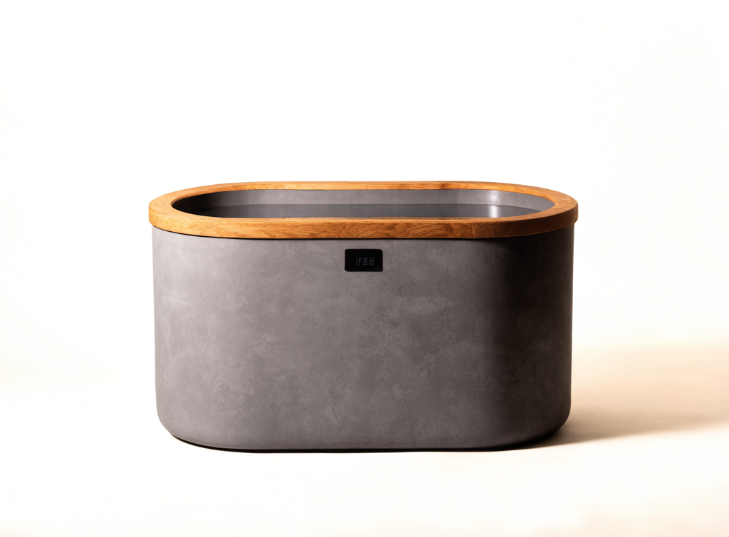 Compact indoor cold plunge tub with digital temperature display