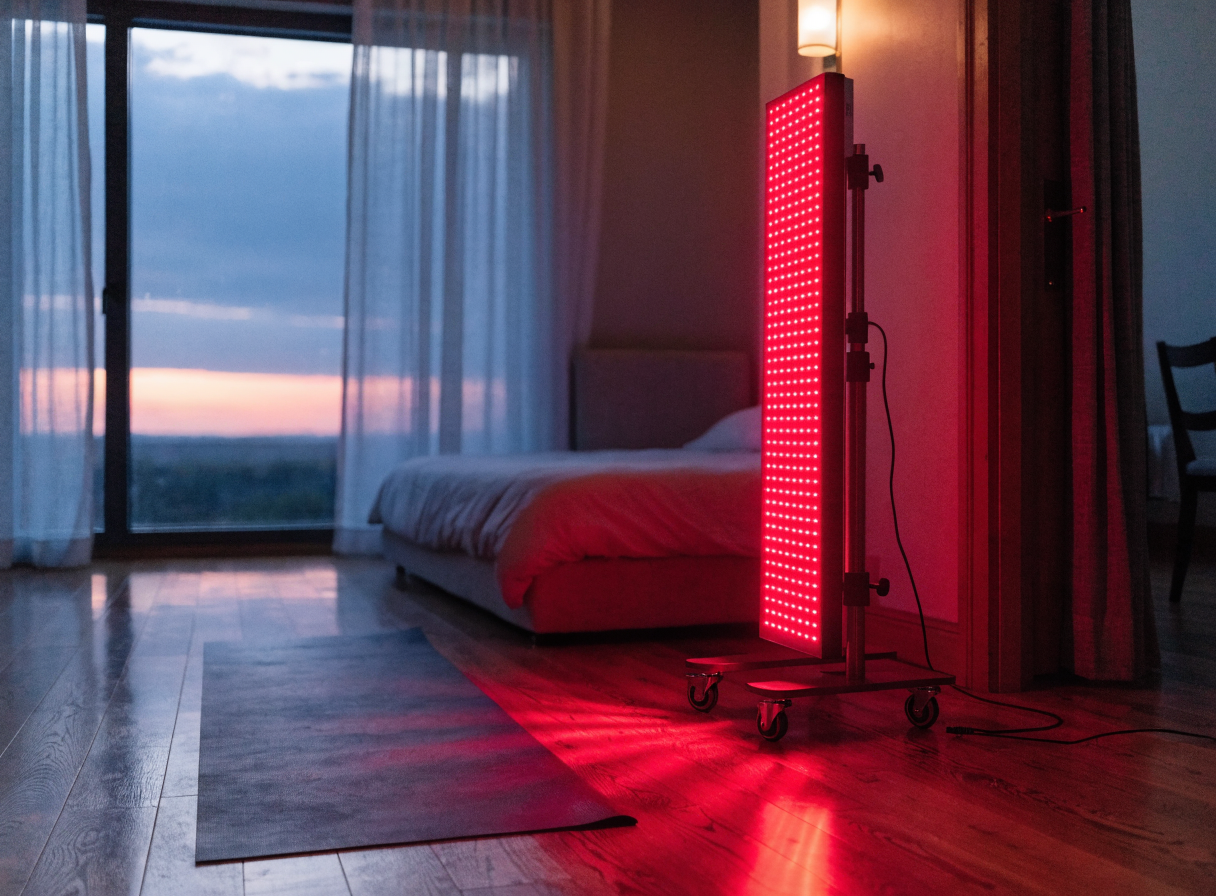 Pro 1500 red light panel glowing in a bedroom corner