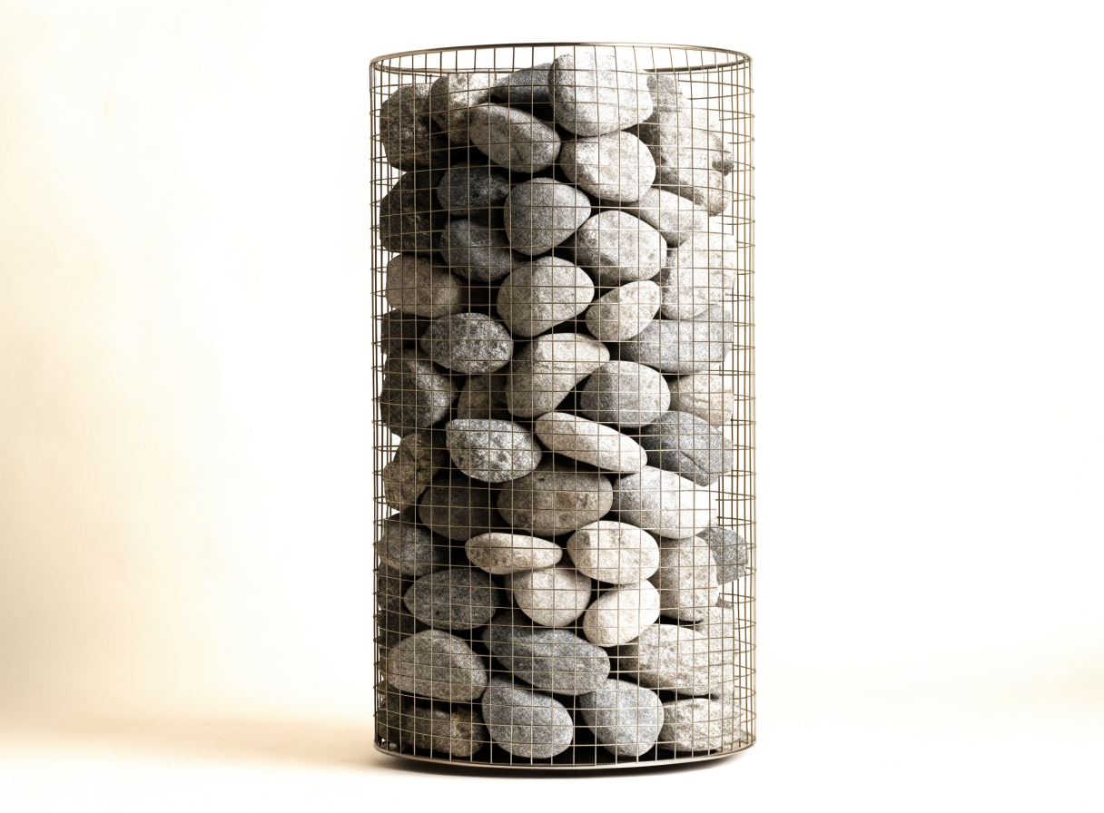 Nordvik Tower 9 cylinder sauna heater — stainless mesh frame filled with olivine stones